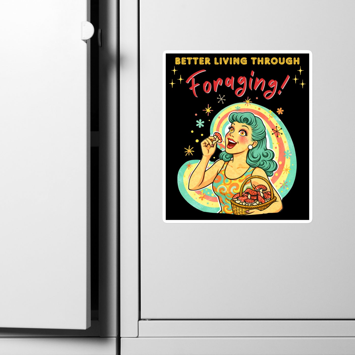 Better Living Through Foraging vinyl decal — vintage retro housewife with teal hair and glowing eyes holding a red mushroom with basket of foraged mushrooms against rainbow halo on black background, satin finish waterproof sticker by Cinderpoint Studios