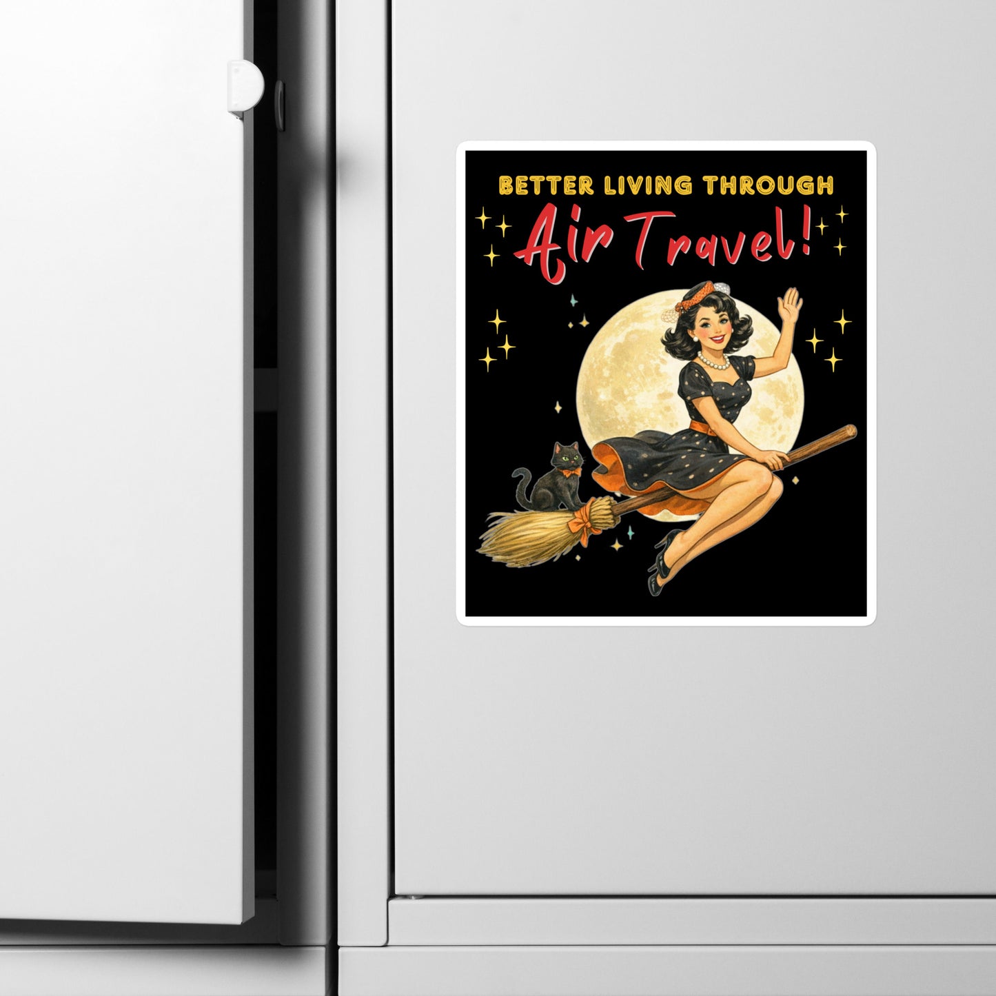 Better Living Through Air Travel vinyl decal — vintage retro pinup witch in black polka dot dress and stewardess hat riding a broom in front of a full moon with dapper black cat familiar in orange bow tie on black background, satin finish waterproof sticker by Cinderpoint Studios