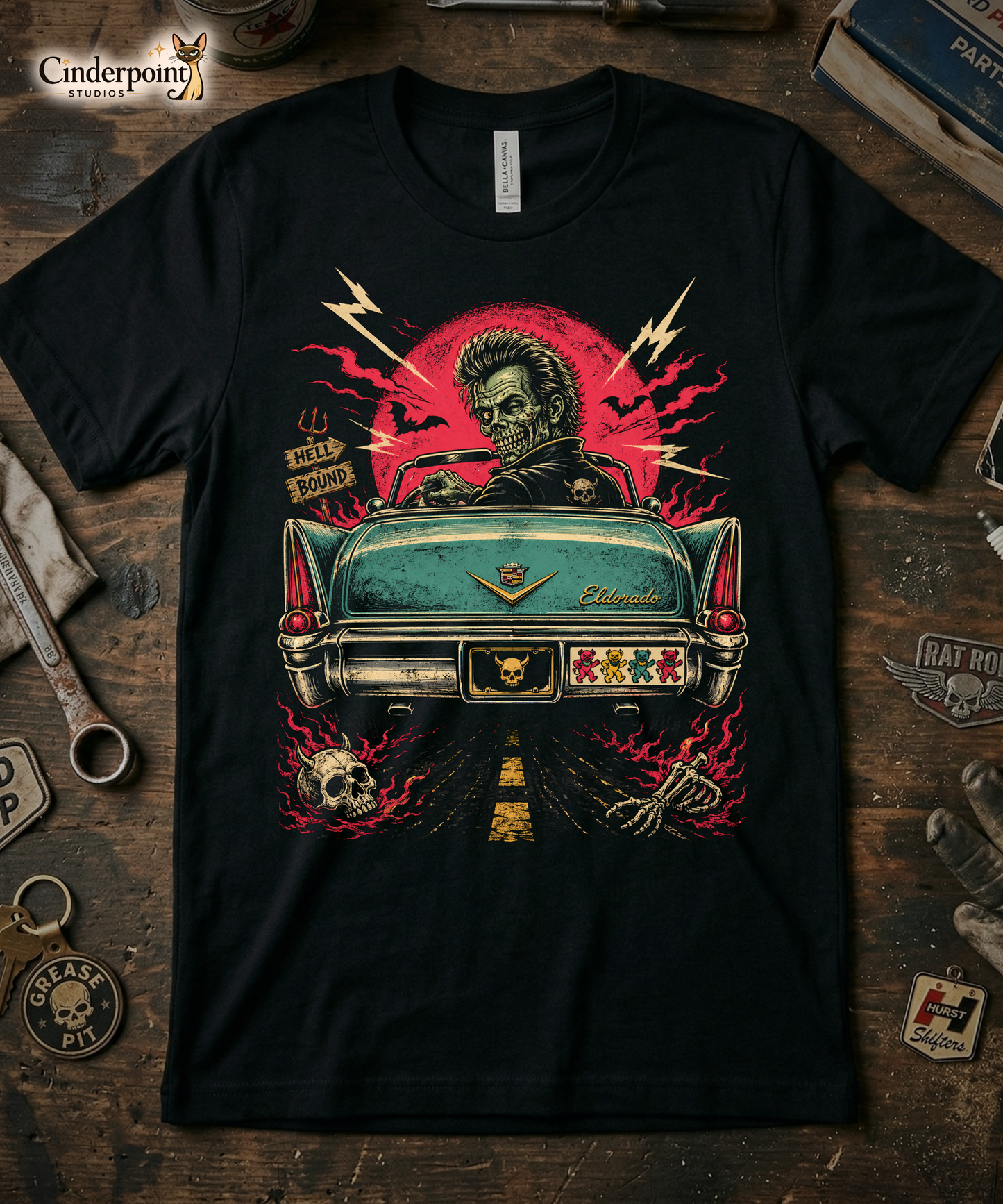  A retro graphic on a black t-shirt featuring a horror punk zombie driver and the rear end of a vintage Cadillac with grateful dead bumper sticker