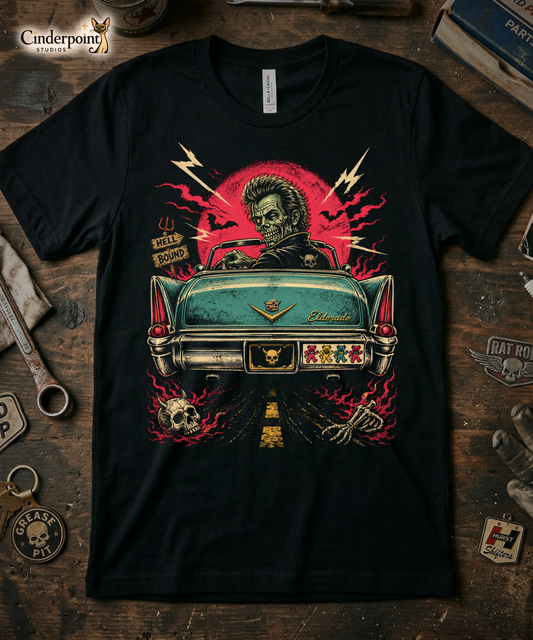  A retro graphic on a black t-shirt featuring a horror punk zombie driver and the rear end of a vintage Cadillac with grateful dead bumper sticker