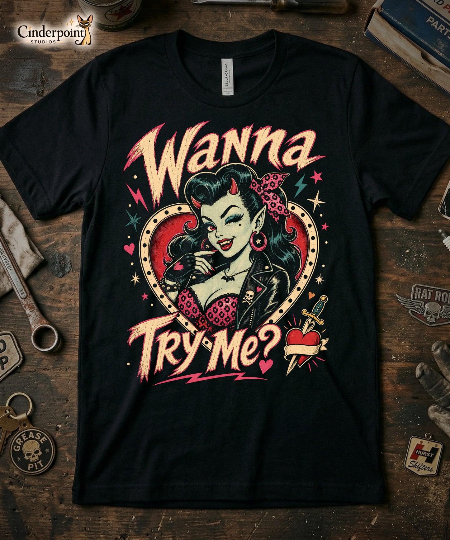 Wanna Try Me? She-Devil T-Shirt - Retro Rockabilly Pinup Tee - XS-5XL