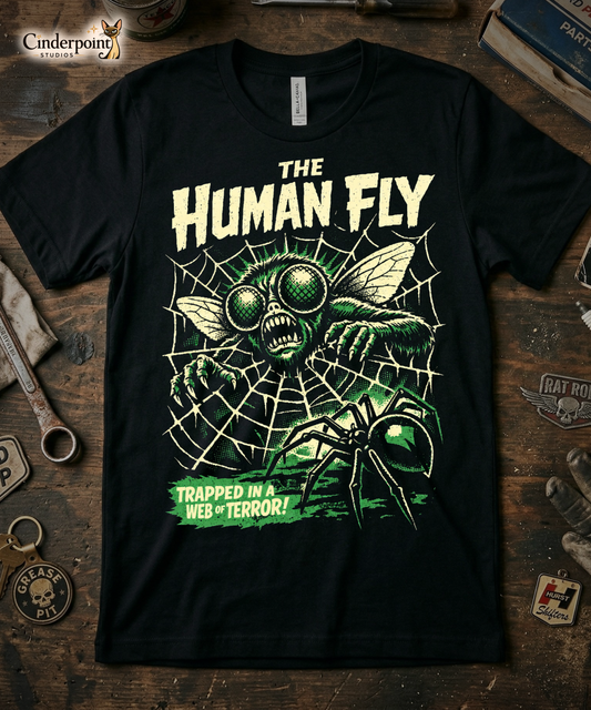'The Human Fly' t-shirt laid flat on a weathered wooden workbench. Surrounding the shirt are a 'Grease Pit' skull keychain, a 'Hurst Shifters' patch, and vintage automotive parts.