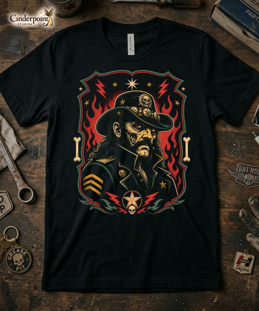 Graphic t-shirt design featuring a lowbrow undead version of Lemmy in a military-style hat with skulls and stars, framed by red flames and lightning bolts on a black background.