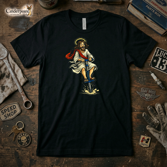 A top-down photograph of a black t-shirt featuring a distressed graphic of Jesus Christ on a pogo stick with a halo and stars. The shirt is centered on a rustic wooden workbench surrounded by vintage tools and a "Speed Shop" patch.