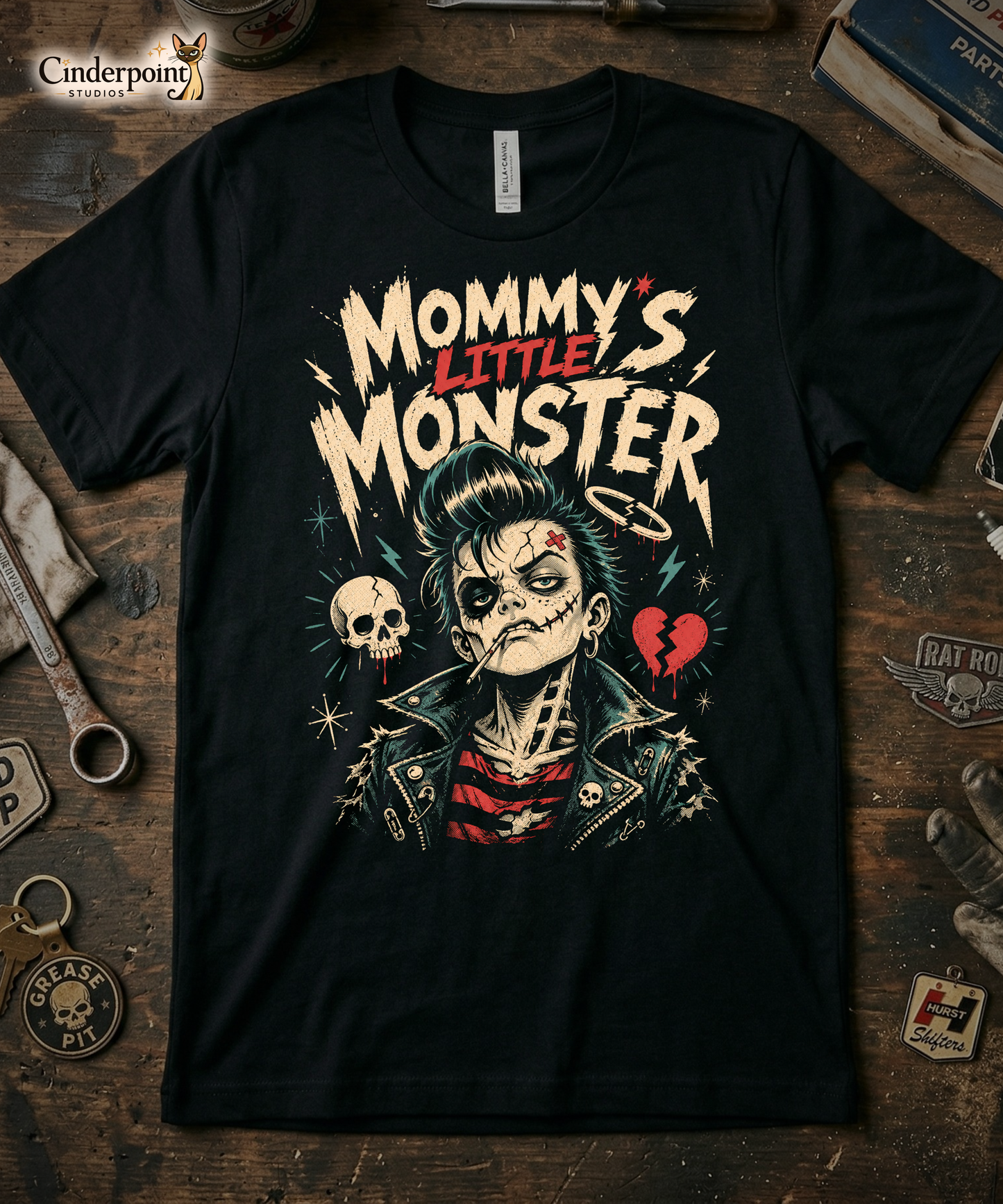 A retro lowbrow-style graphic on a black t-shirt featuring a green-skinned monster child with a black pompadour, stitched facial details, and leather jacket.