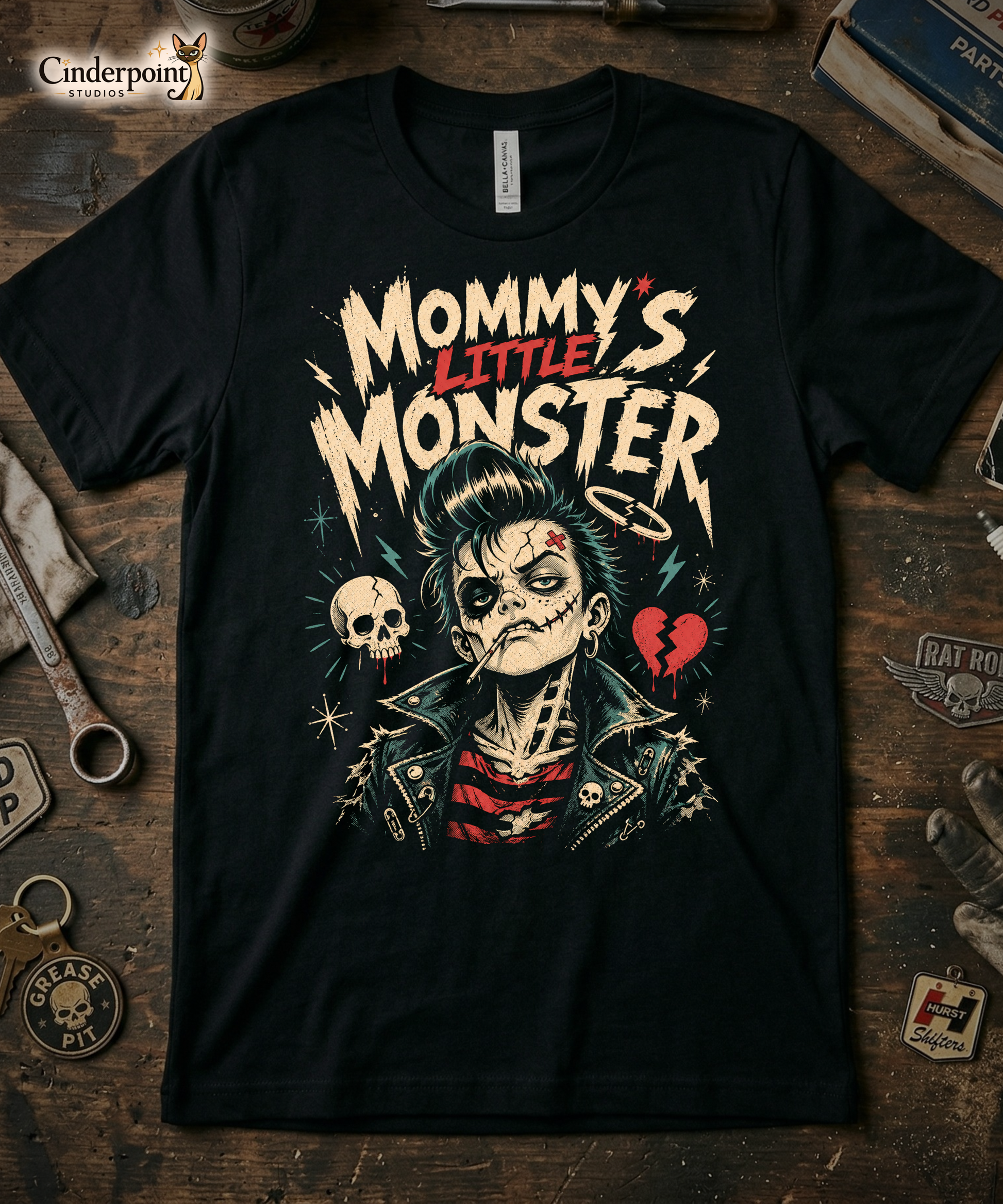 A retro lowbrow-style graphic on a black t-shirt featuring a green-skinned monster child with a black pompadour, stitched facial details, and leather jacket.