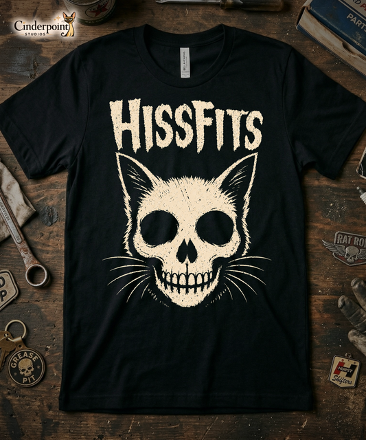 A retro horror-style graphic on a black t-shirt featuring a stylized cat skull with whiskers and pointed ears, with "HISSFITS" in iconic distressed punk-rock lettering.