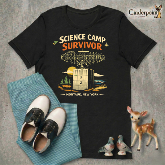 Black retro graphic t-shirt featuring the phrase Science Camp Survivor above a vintage-style radar tower illustration with Montauk, New York text below.