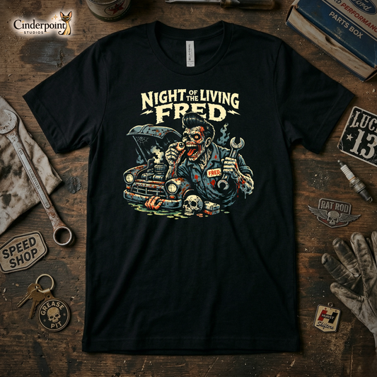 Top-down flat lay of a black Bella Canvas 3001 t-shirt with the 'Night of the Living Fred' zombie mechanic design on a rustic wooden workshop table surrounded by a wrench, spark plug, and vintage car club patches.