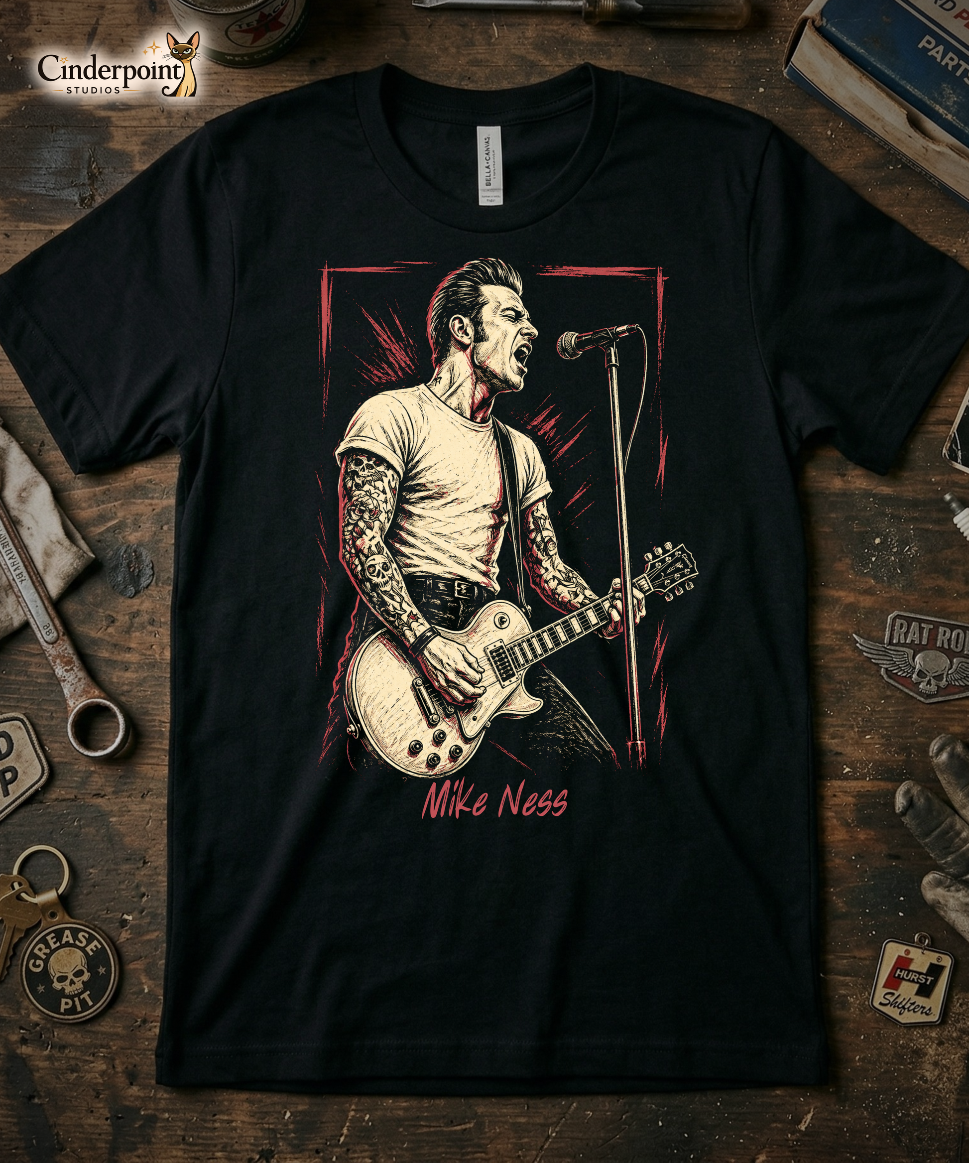 A gritty, high-contrast artistic portrait of Mike Ness on a black t-shirt, featuring his iconic tattoos and 1950s-inspired greaser aesthetic.