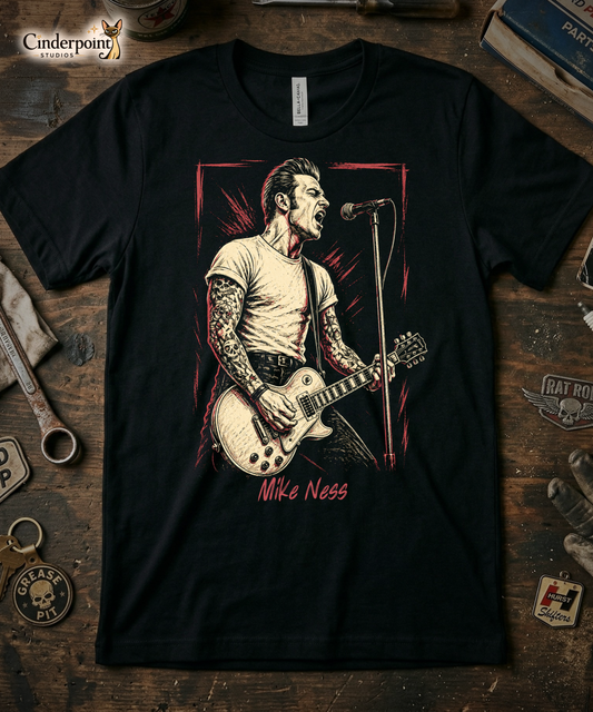 A gritty, high-contrast artistic portrait of Mike Ness on a black t-shirt, featuring his iconic tattoos and 1950s-inspired greaser aesthetic.