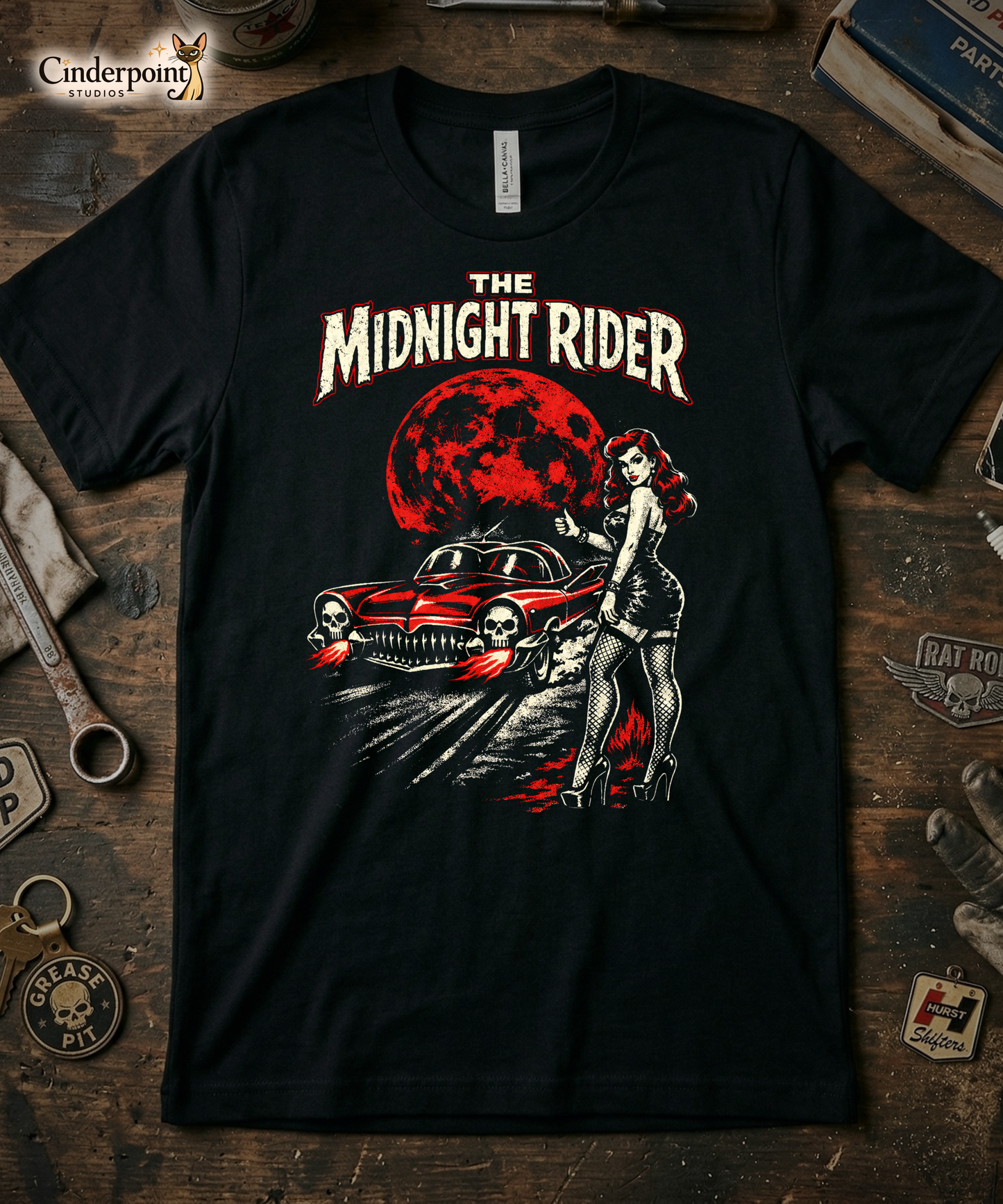 The Midnight Rider Lowbrow T-Shirt - Retro Pinup Hitchhiker & '55 Lincoln Fortuna "Shark" From Hell Tee