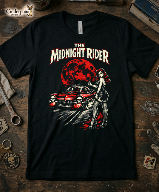 The Midnight Rider Lowbrow T-Shirt - Retro Pinup Hitchhiker & '55 Lincoln Fortuna "Shark" From Hell Tee