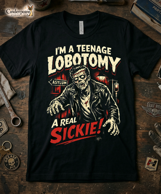 'Teenage Lobotomy' t-shirt laid flat on a weathered wooden workbench. Surrounding the shirt are a 'Grease Pit' skull keychain, a 'Hurst Shifters' patch, and vintage automotive parts.