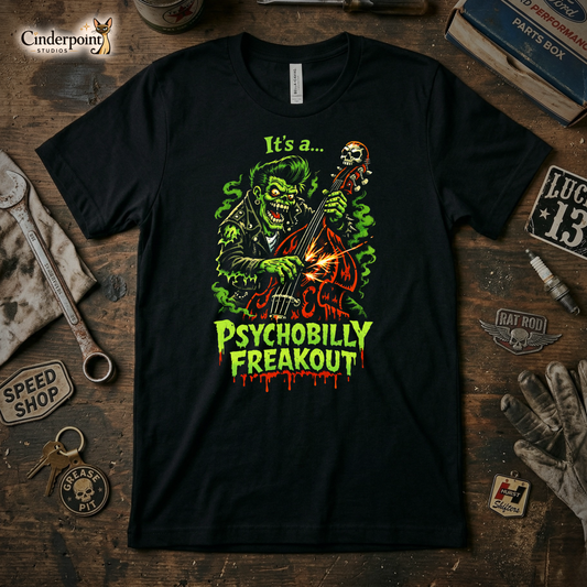 A black t-shirt featuring a vibrant neon green and orange "Psychobilly Freakout" graphic of a zombie playing an upright bass with sparks flying off the strings.