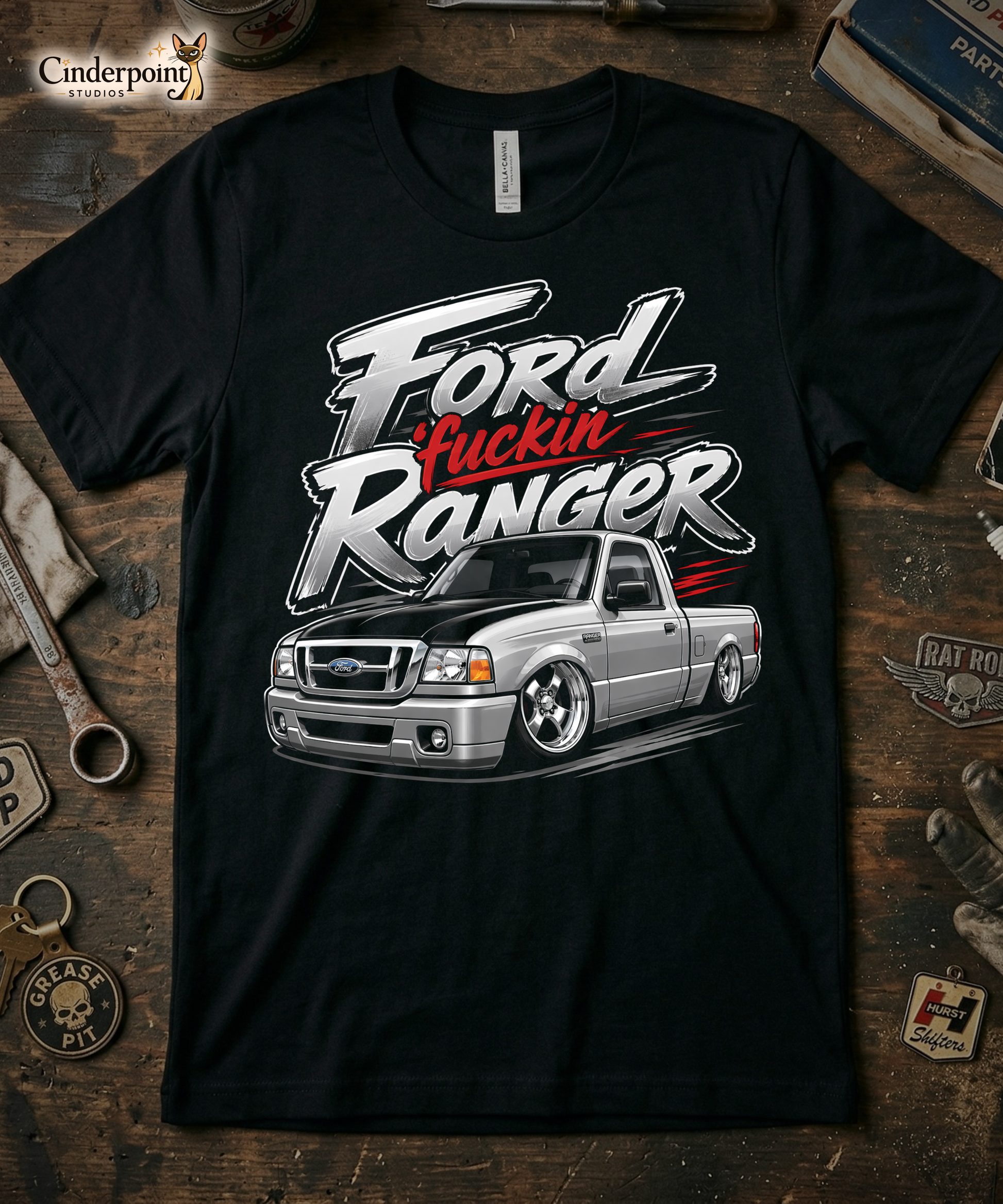 A graphic on a black t-shirt featuring a custom lowered/slammed Ford Ranger mini truck with "Ford Fuckin Ranger" in bold, gritty lettering.