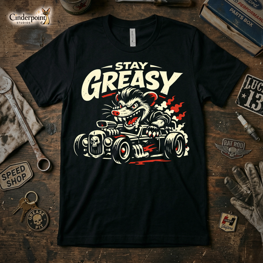 A black t-shirt featuring a distressed "Stay Greasy" rat rod graphic, surrounded by vintage tools, a greasy rag, and car parts on a wooden workbench.
