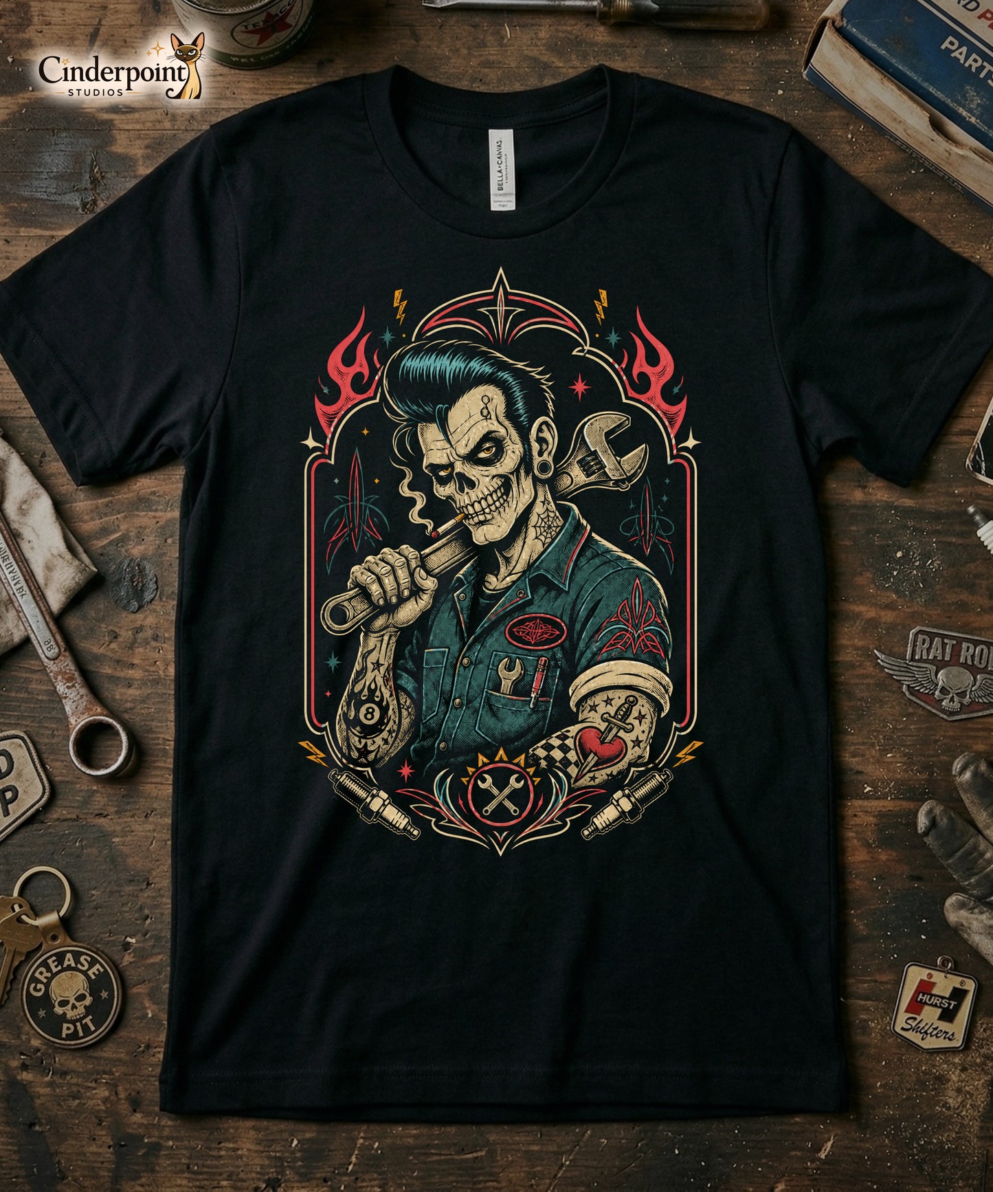 Satanic Mechanic T-Shirt - Kustom Kulture Lowbrow Zombie Tee - XS-5XL