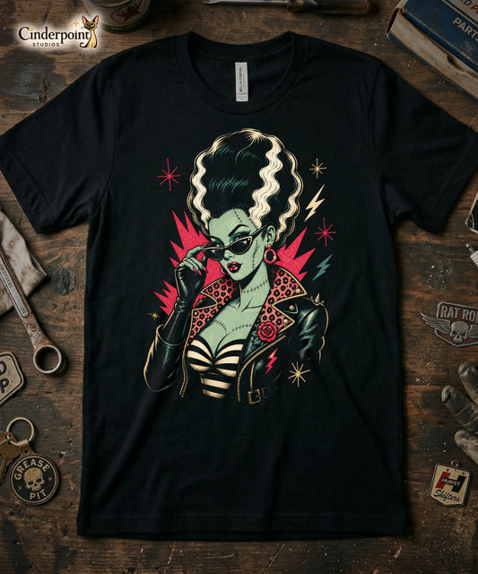 Artistic illustration of a green-skinned monster bride with high-volume black and white hair, cat-eye sunglasses, and a leopard-print lined leather jacket on a black t-shirt.
