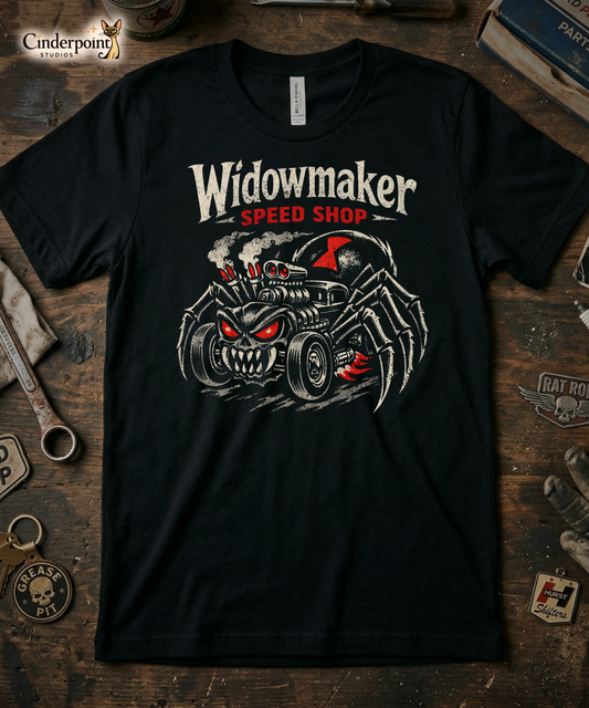 Top-down flat lay of a black Bella Canvas 3001 t-shirt with the 'Widowmaker Speed Shop' spider-themed rat rod design on a rustic wooden workshop table with a wrench, spark plug, and vintage car club patches.