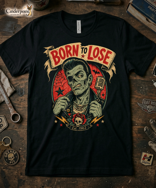 A vintage tattoo flash-style graphic on a black t-shirt featuring a green-skinned zombie monster with a banner that says "Born to Lose"