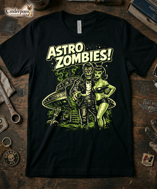 'Astro Zombies!' t-shirt laid flat on a weathered wooden workbench, styled with a 'Grease Pit' keychain, vintage tools, and a 'Hurst Shifters' patch.