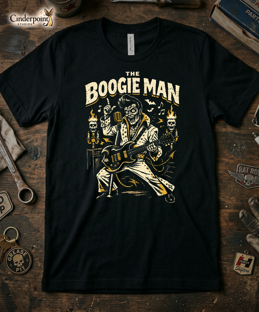 Black t-shirt with 'The Boogie Man' graphic design on a wooden surface.