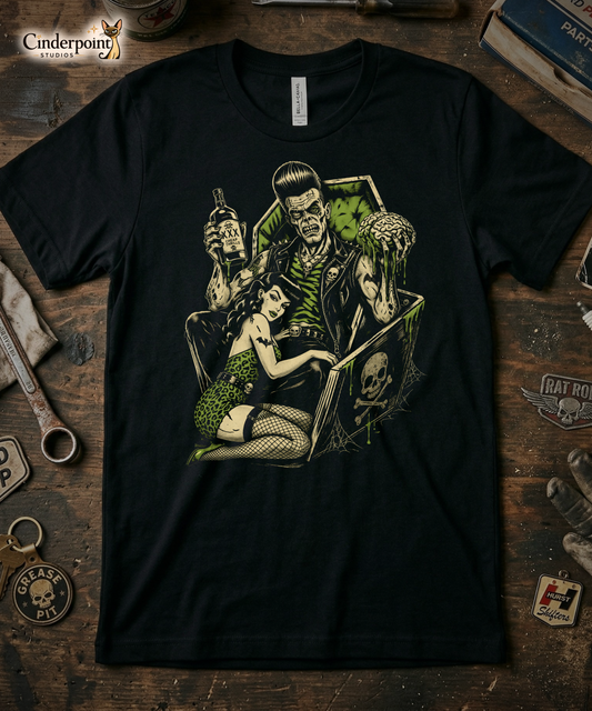Close-up detail of the 'Cheap Thrills' t-shirt print by Cinderpoint Studios. Showcasing the professional 'choke' technique on the radioactive green slime, distressed halftone textures, and 'XXX' moonshine bottle. Demonstrates the soft-hand, high-quality DTG print on premium black cotton fabric.