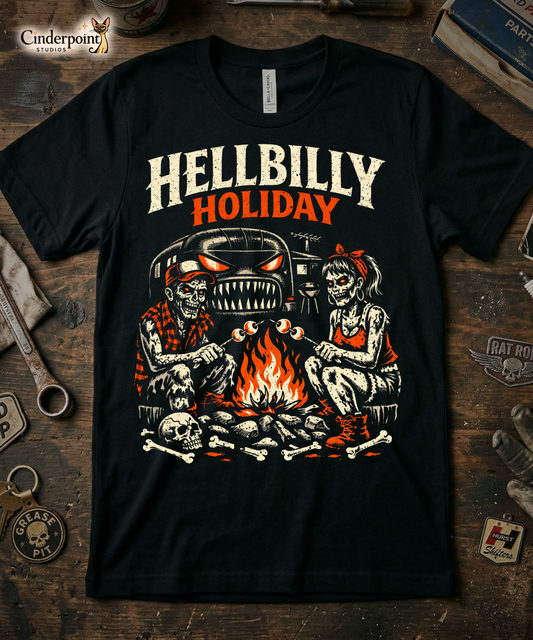 A high-contrast lowbrow illustration titled 'Hellbilly Holiday'. Two zombies—a man in a trucker hat and a woman with a red bandana—roast marshmallows over a campfire made of skulls and bones. A monster-faced airstream-style trailer with glowing eyes and sharp teeth looms in the background. Distressed cream and orange ink on a black background.