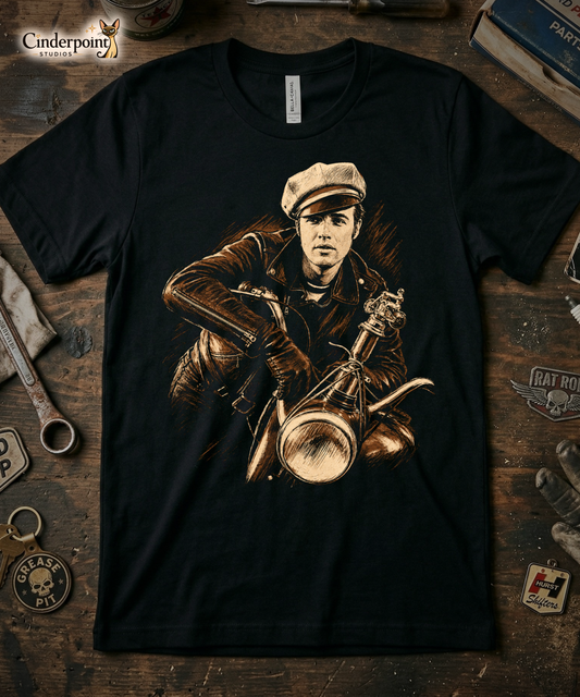 A high-contrast artistic portrait of Marlon Brando as Johnny from The Wild One on a black t-shirt, featuring his iconic tilted biker cap and leather jacket.