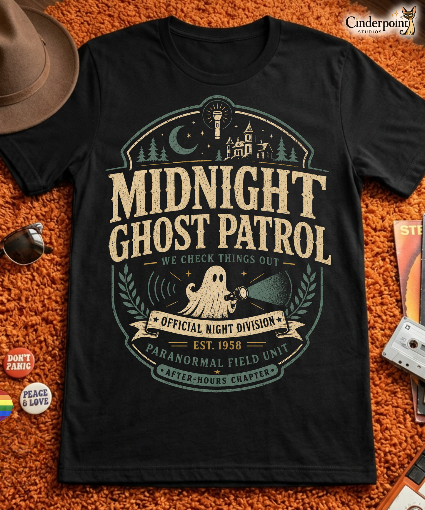 Midnight Ghost Patrol t-shirt design with vintage badge layout, flashlight ghost, haunted house, moon, and paranormal field unit text