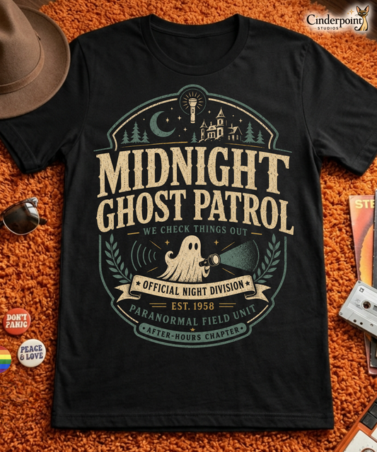 Midnight Ghost Patrol t-shirt design with vintage badge layout, flashlight ghost, haunted house, moon, and paranormal field unit text