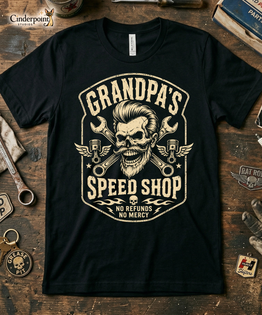 Black graphic tee featuring original Cinderpoint Studios artwork for Grandpa’s Speed Shop, a one-color retro garage design with a grinning skeletal grandpa, pompadour, mustache, crossed wrenches, winged pistons, flame accents, and No Refunds No Mercy text.
