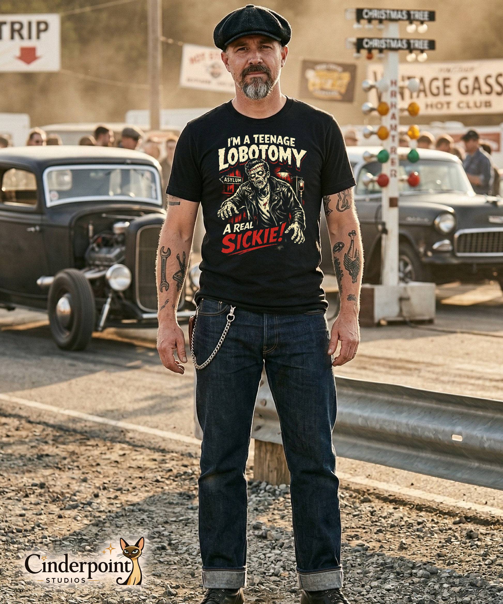 A bearded man in a newsboy cap wears the 'Teenage Lobotomy' t-shirt at a vintage drag strip. The aggressive red and cream art stands out against his tattoos and the blurred classic hot rods in the background.