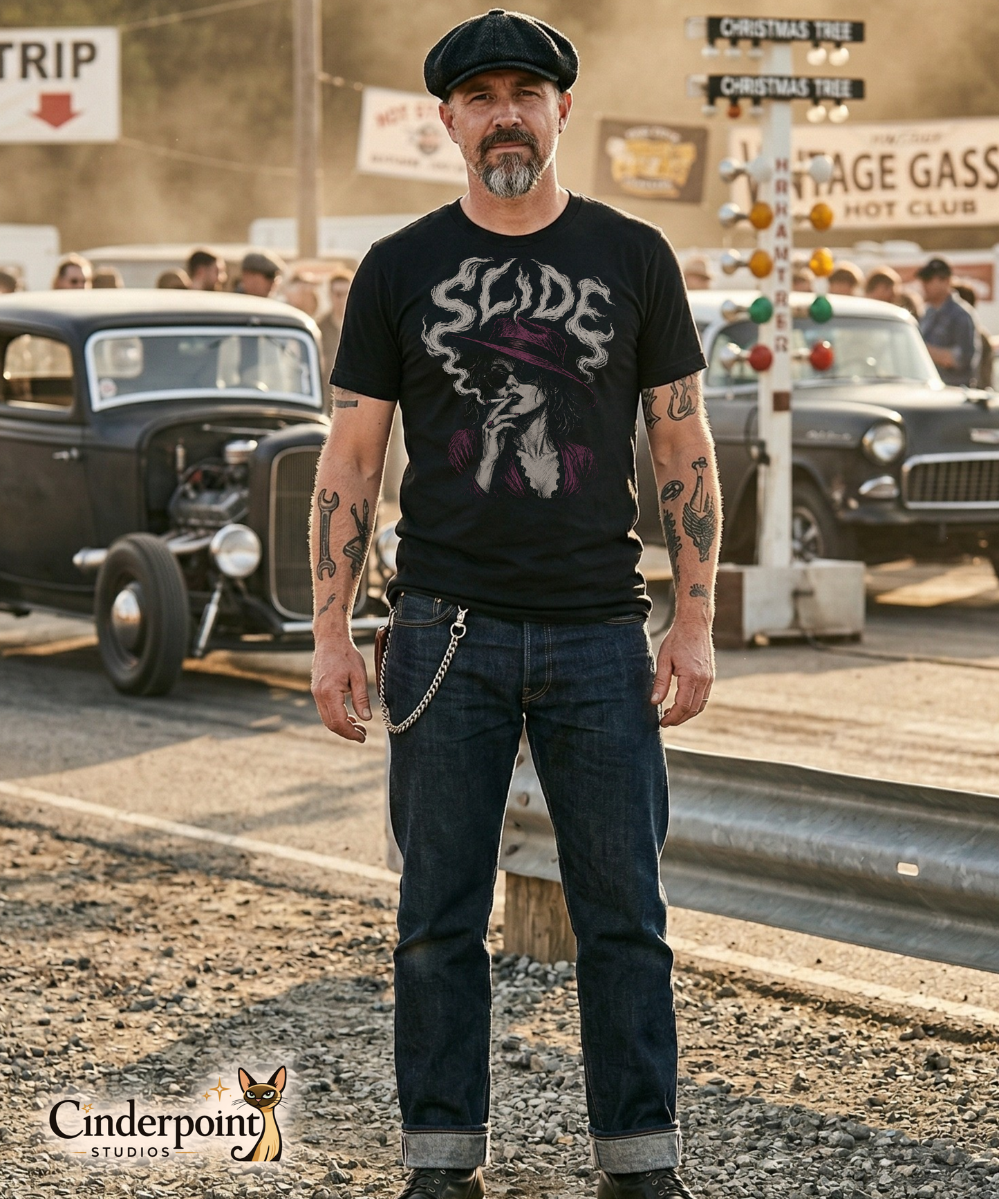 Man at a drag strip wearing A gritty, high-contrast artistic portrait of Marla Singer on a black t-shirt, featuring her iconic stoic nature, sunglasses, and a cigarette.