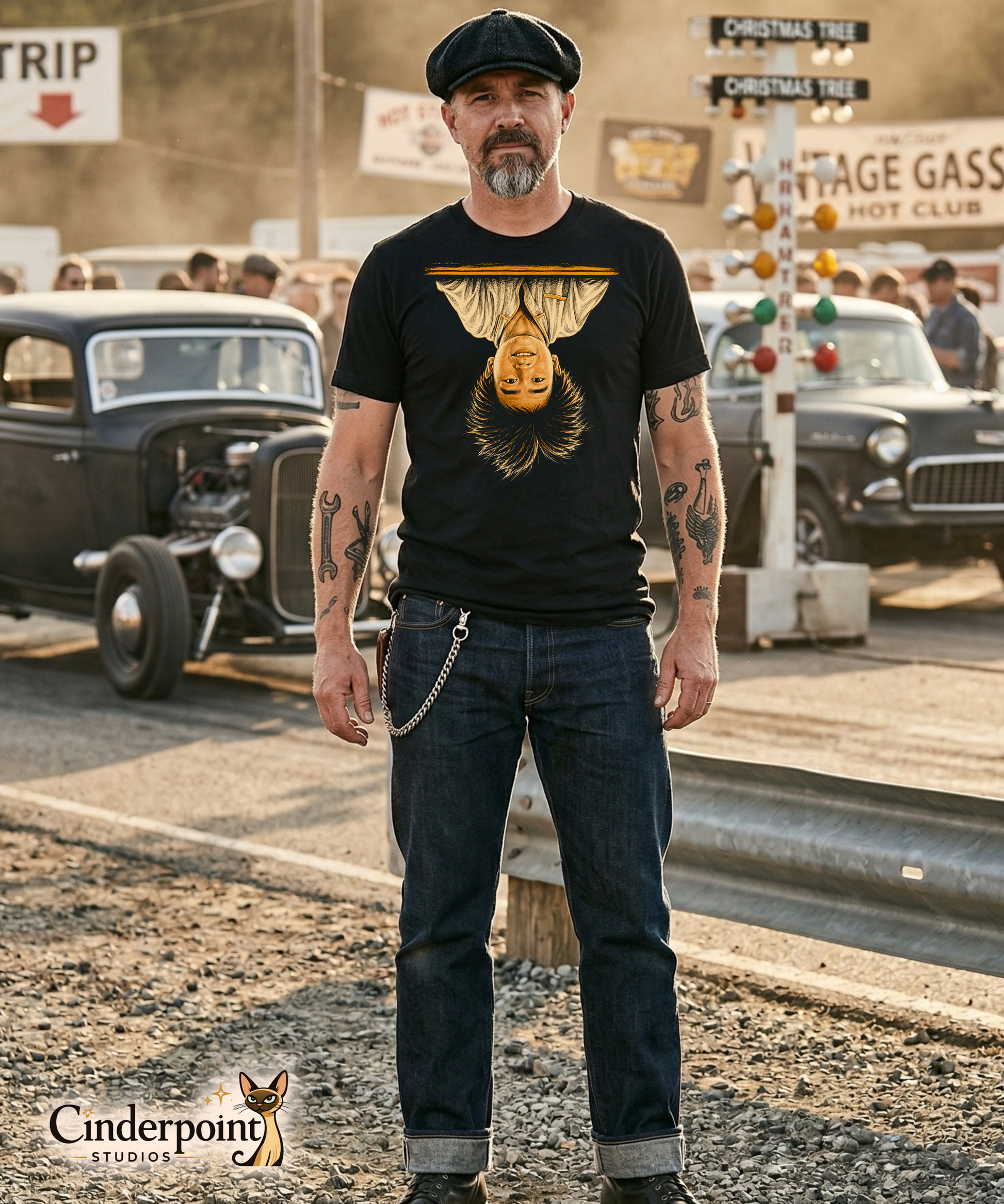 Gearhead at a drag strip wearing A black t-shirt featuring the iconic image of Long Duk Dong upside down from the scene "What's Happenin Hot Stuff" in the 80s comedy Sixteen Candles.