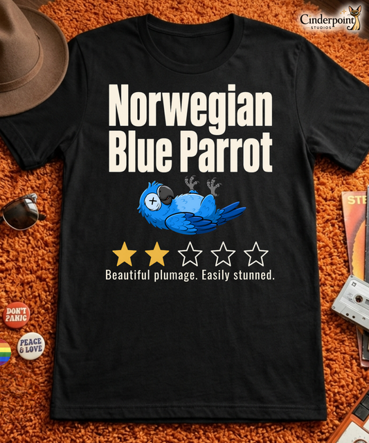 Funny blue parrot t-shirt design with two-star review text reading Beautiful plumage Easily stunned