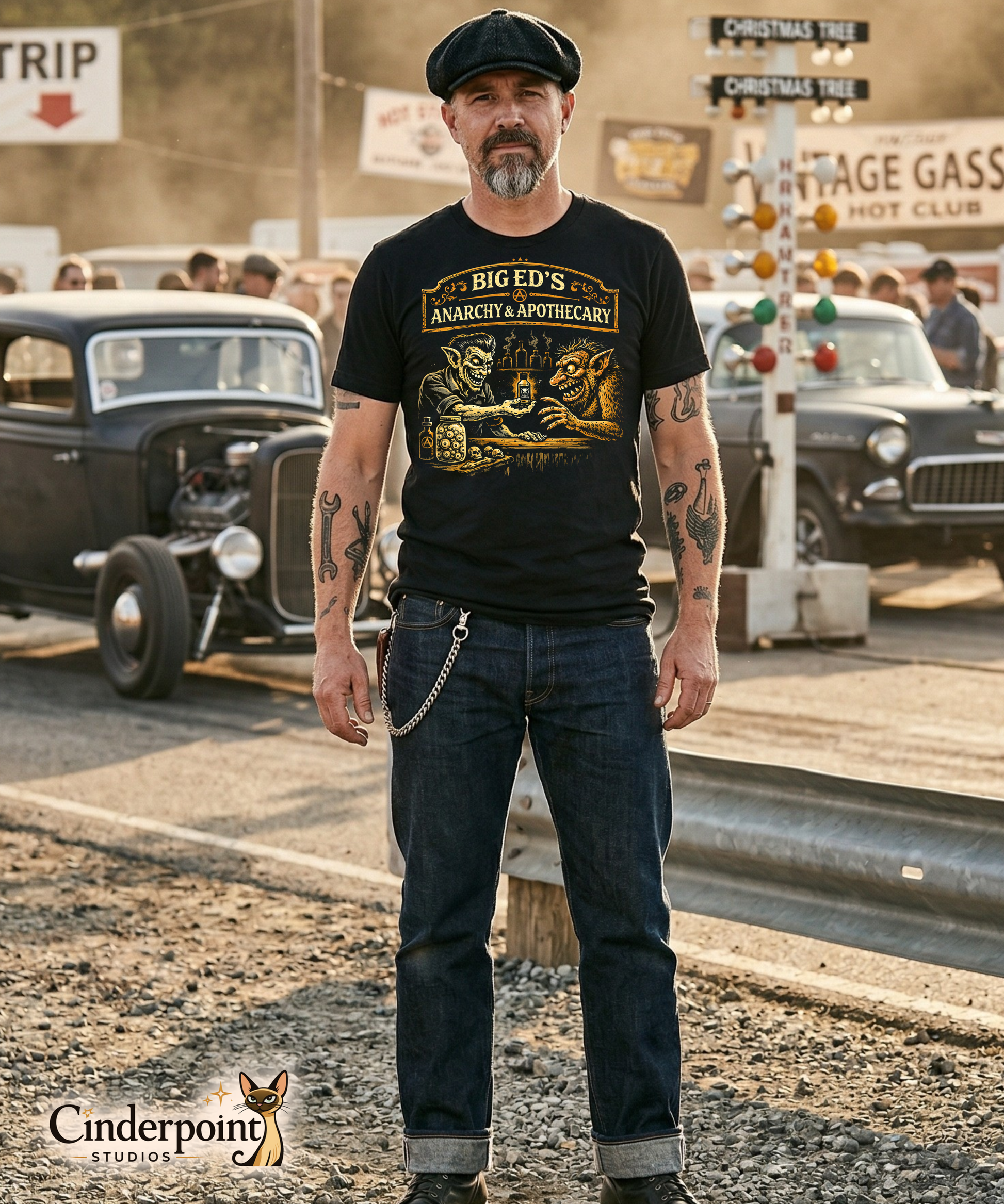 A man with a grey goatee and flat cap wearing the black 'Big Ed's Anarchy & Apothecary' monster t-shirt, standing at a vintage drag strip with classic rat rods in the background.