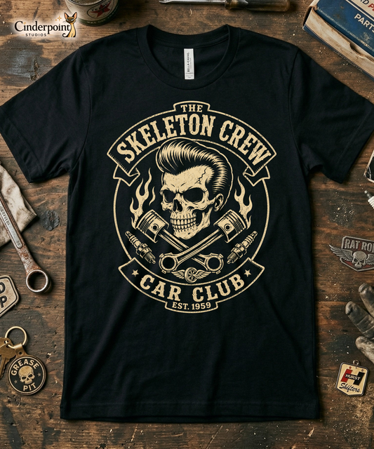 The Skeleton Crew Car Club Tee | Retro Hot Rod Skull Shirt