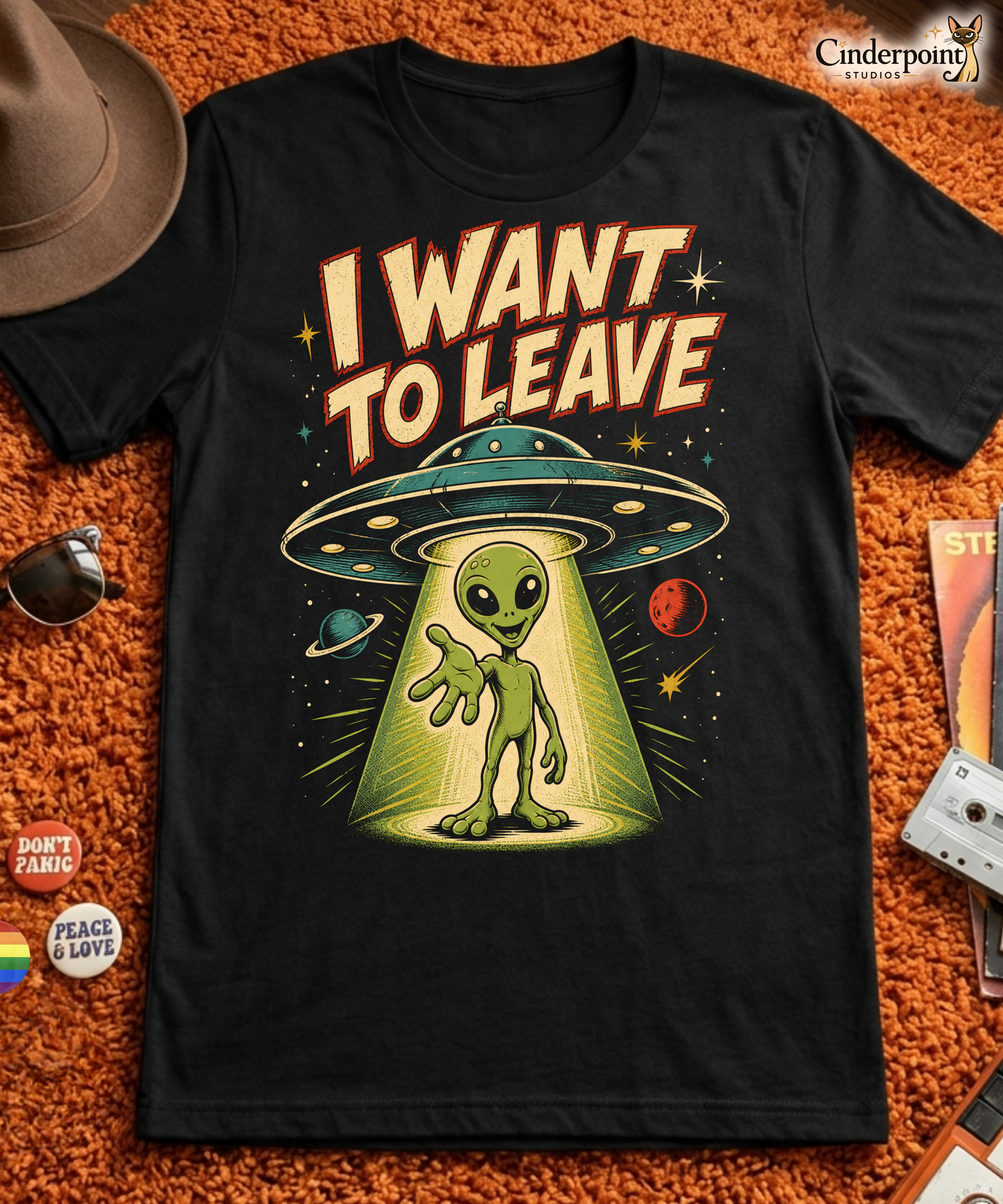 I Want To Leave T-Shirt - Retro 50s Sci-Fi Alien Abduction Tee