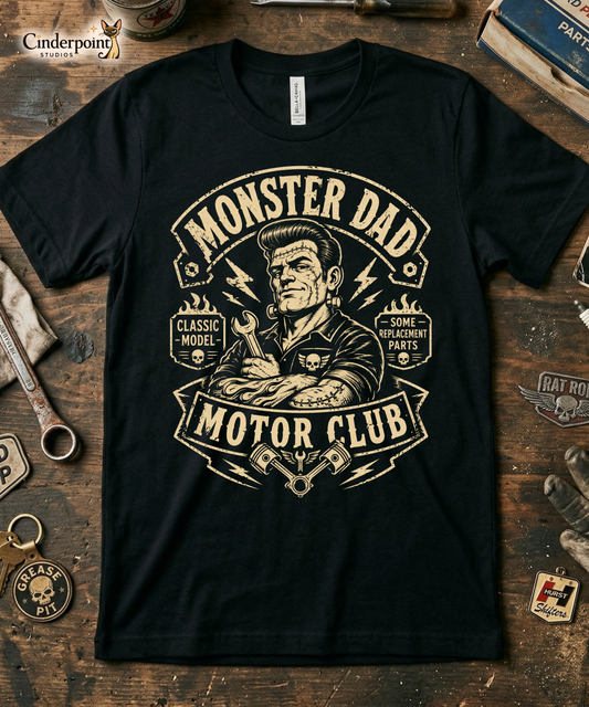 Black graphic tee featuring original Cinderpoint Studios artwork for Monster Dad Motor Club, a one-color retro garage design with a Frankenstein-inspired dad mechanic holding a wrench, lightning bolts, flames, skull details, piston accents, and text including Classic Model and Some Replacement Parts.