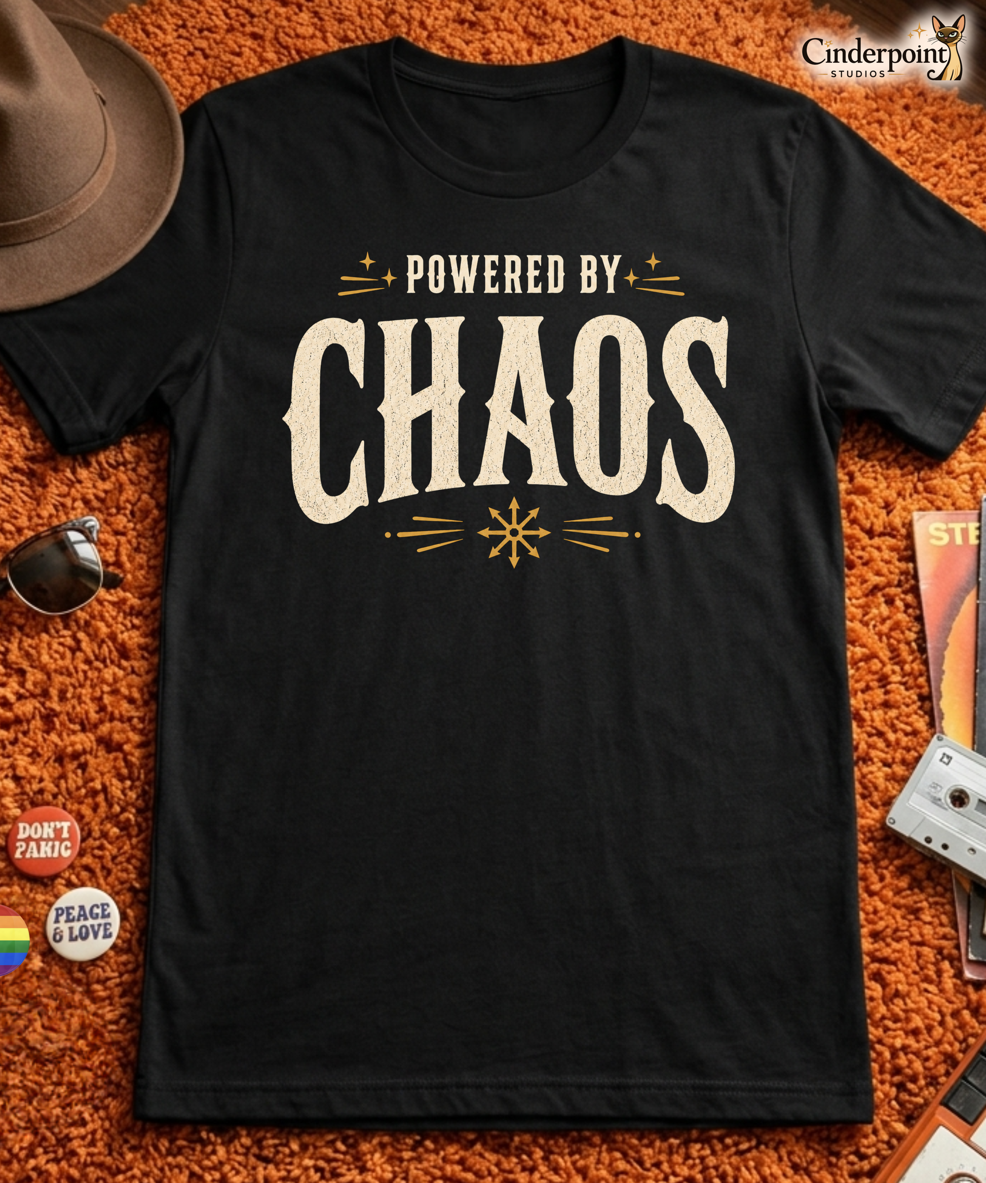 Black graphic tee with Powered by Chaos text design for chaos magicians and occult fashion by Cinderpoint Studios