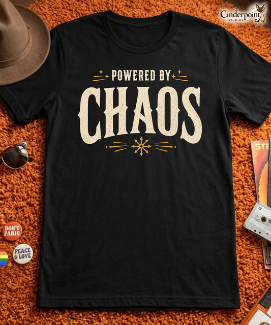 Black graphic tee with Powered by Chaos text design for chaos magicians and occult fashion by Cinderpoint Studios