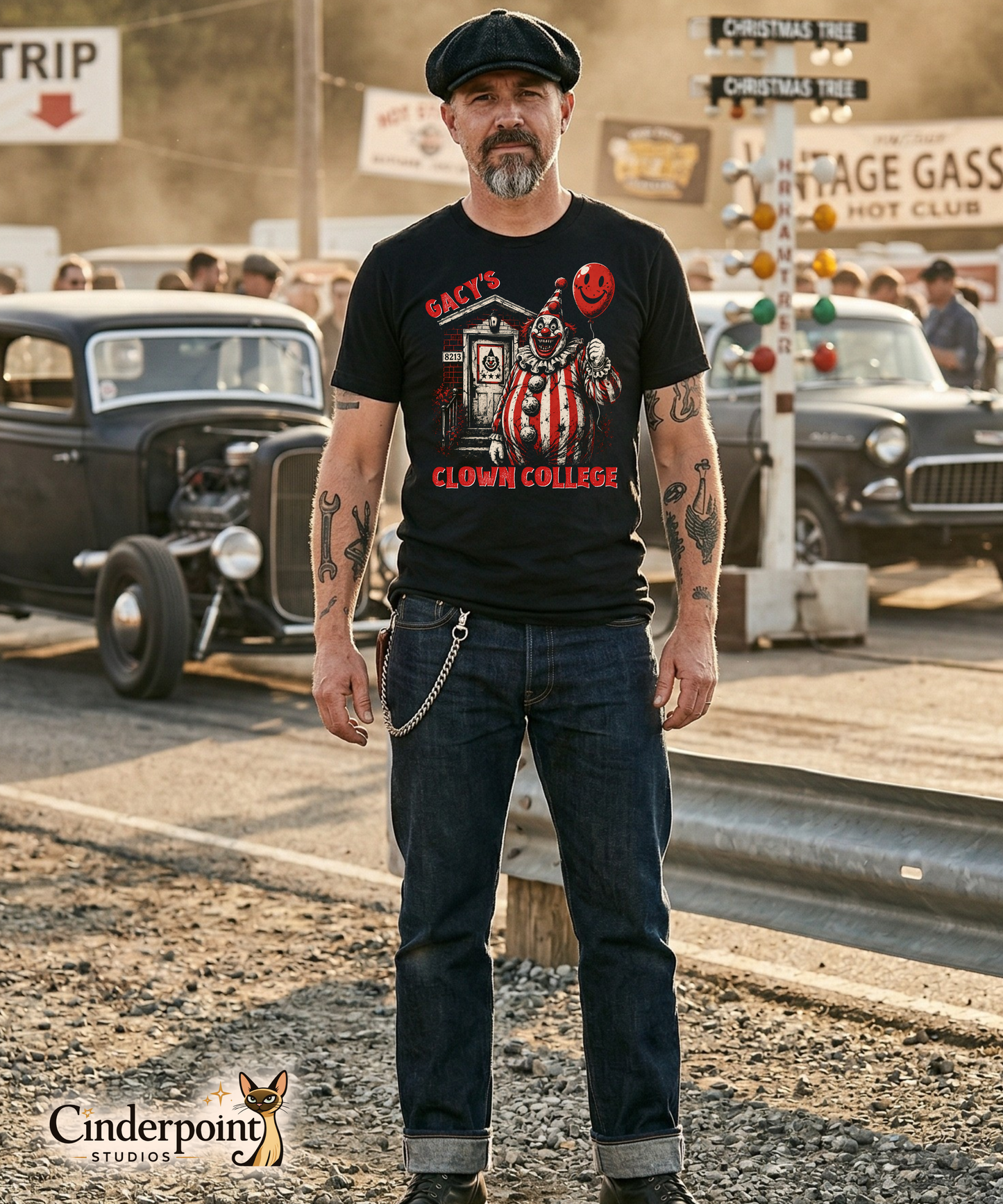 A man with a grey goatee and flat cap wearing the 'Gacy's Clown College' t-shirt, standing at a vintage drag strip with classic rat rods in the background.