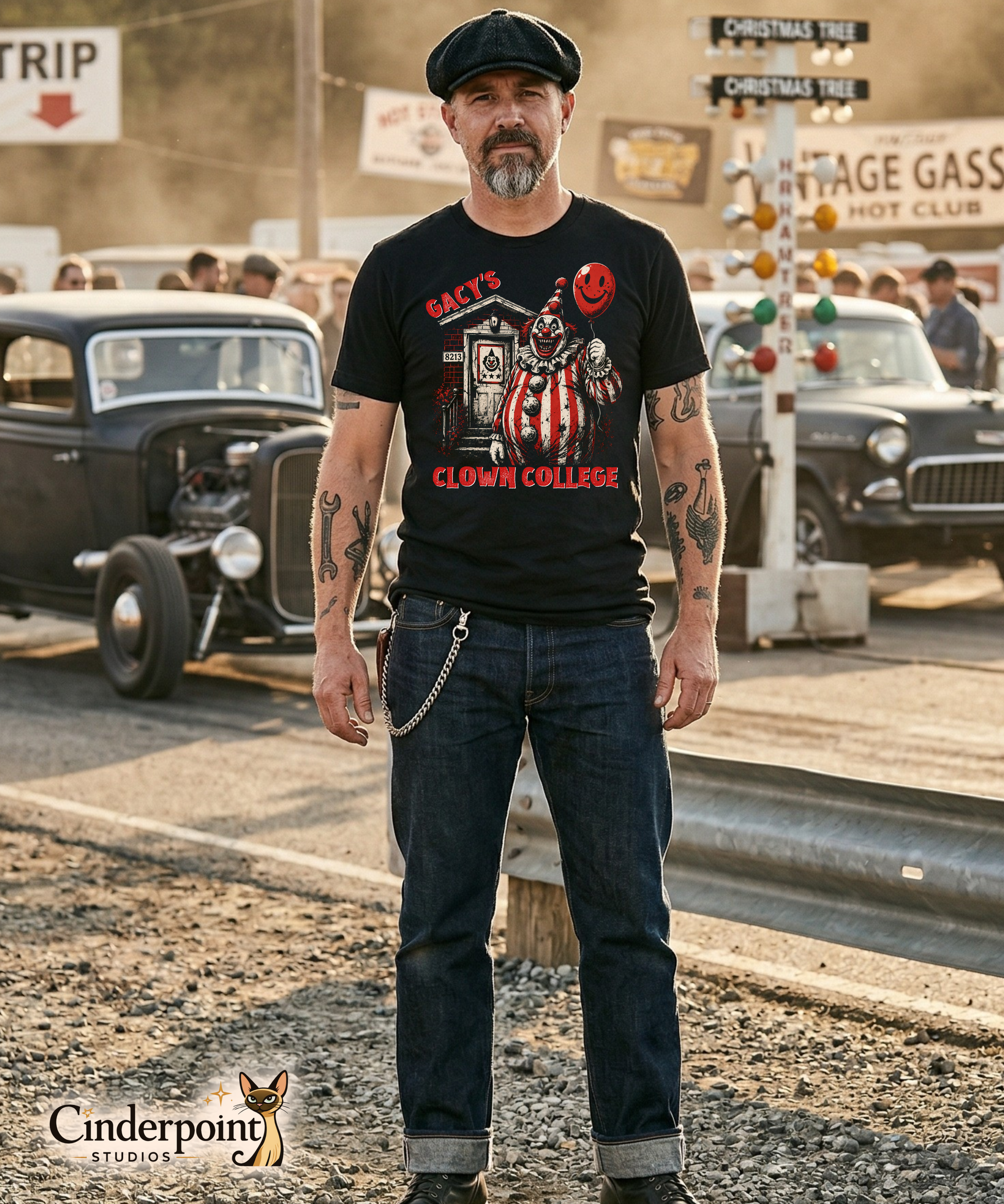 A man with a grey goatee and flat cap wearing the 'Gacy's Clown College' t-shirt, standing at a vintage drag strip with classic rat rods in the background.