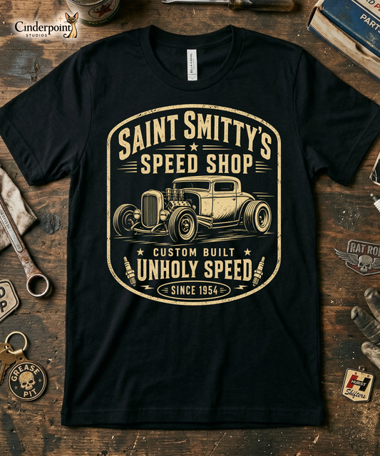 Workbench with a black graphic tee featuring original Cinderpoint Studios artwork for Saint Smitty’s Speed Shop, a one-color retro hot rod garage design with vintage lettering, classic coupe artwork, spark plugs, and Custom Built Unholy Speed text.