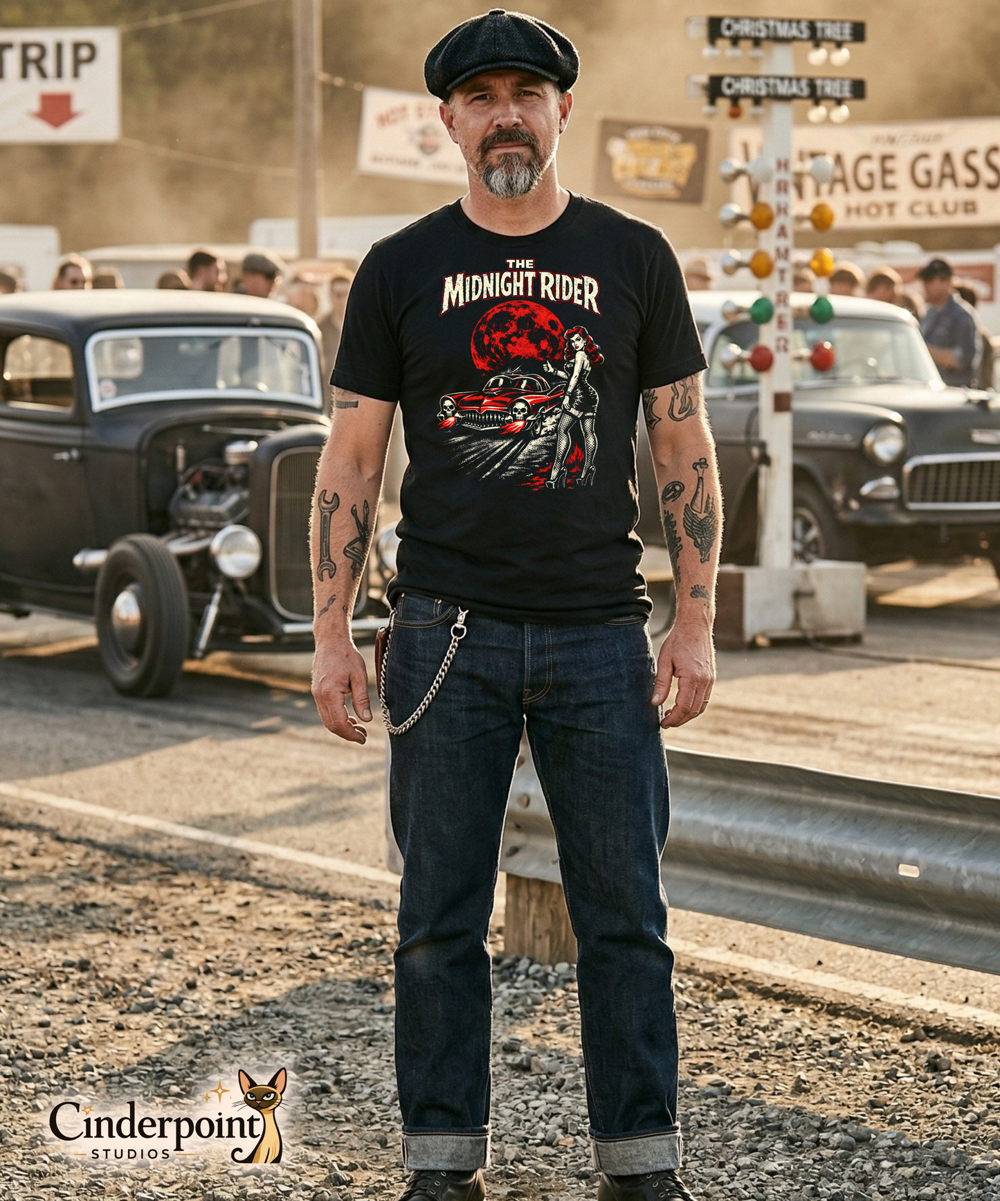 The Midnight Rider Lowbrow T-Shirt - Retro Pinup Hitchhiker & '55 Lincoln Fortuna "Shark" From Hell Tee