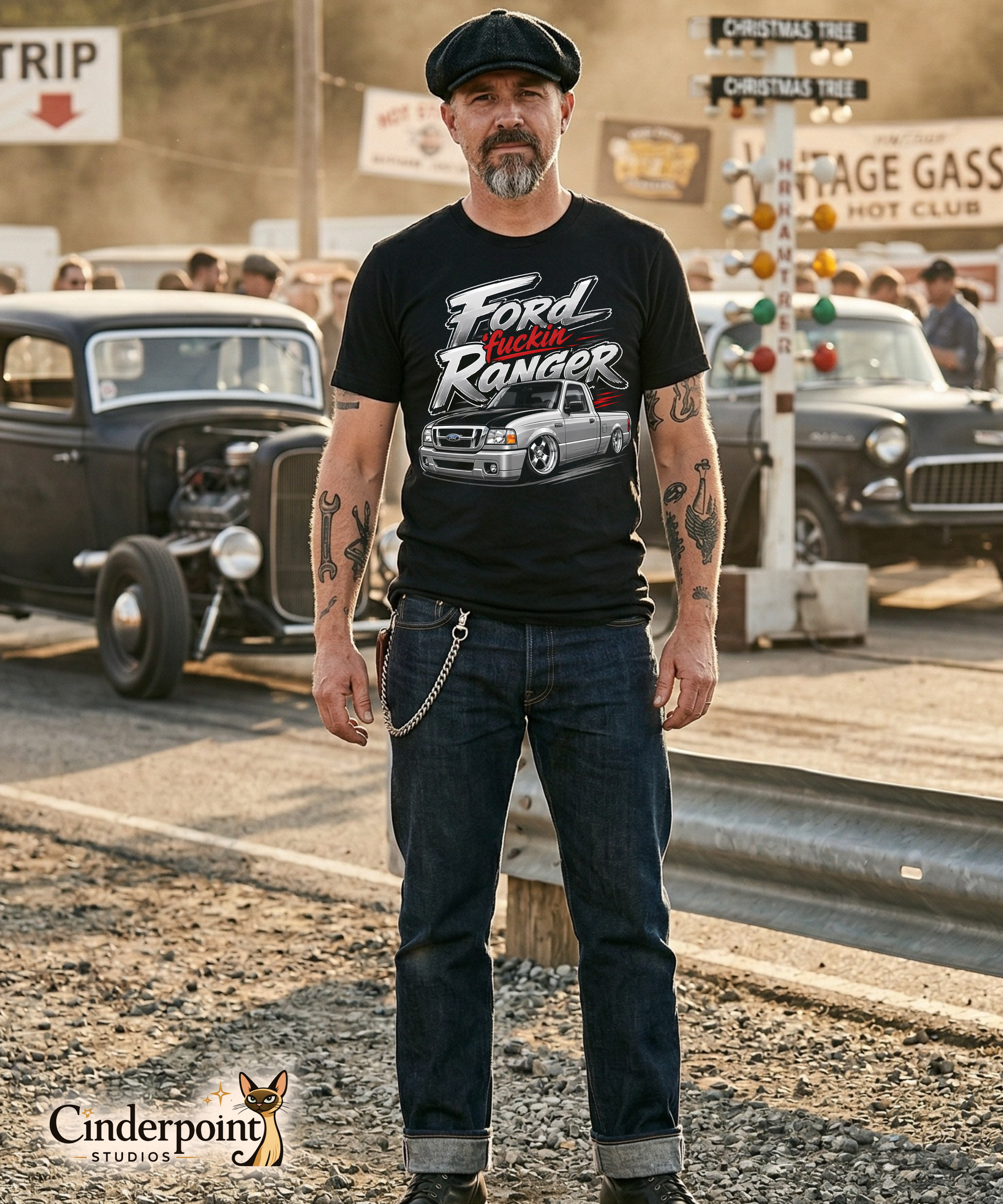 A graphic on a black t-shirt featuring a custom lowered/slammed Ford Ranger mini truck with "Ford Fuckin Ranger" in bold, gritty lettering.