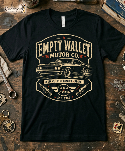 Black graphic tee featuring original Cinderpoint Studios artwork for Empty Wallet Motor Co., a funny retro garage design with a classic muscle car, bold vintage lettering, spark plug details, red accents, Customs Performance Regret text, and Go Fast Spend More slogan.