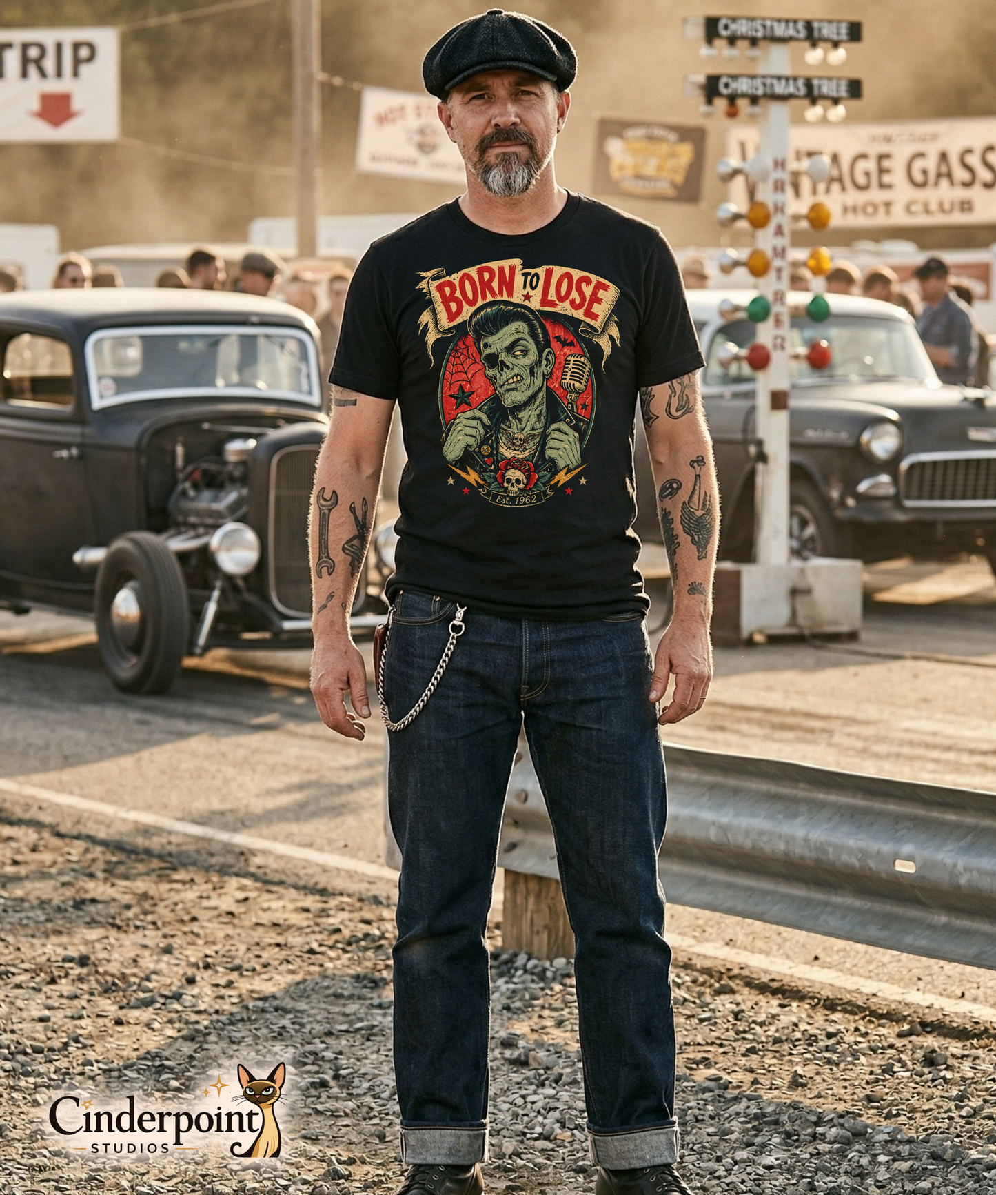 A man at a drag race wearing A vintage tattoo flash-style graphic on a black t-shirt featuring a green-skinned zombie monster with a banner that says "Born to Lose"